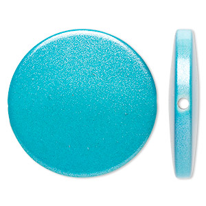 Bead, acrylic, pearlized turquoise blue, 32mm flat round. Sold per pkg of 20.