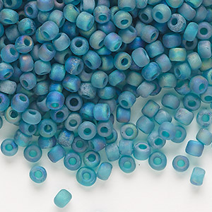 Seed bead, Dyna-Mites&#153;, glass, transparent frosted rainbow emerald green, #6 round. Sold per 40-gram pkg.