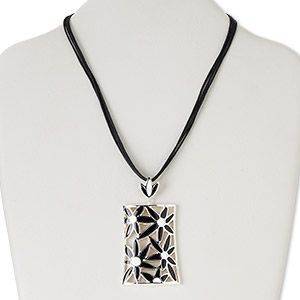 Necklace, 4-strand, silver-plated steel and &quot;pewter&quot; (zinc-based alloy) / epoxy / waxed cotton cord, black and white, 57x40mm open rectangle with flower design, 16 inches with 3-inch extender chain and lobster claw clasp. Sold individually.