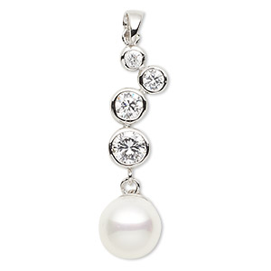 Pendant, glass pearl / cubic zirconia / rhodium-plated brass, white and clear, 36x10mm. Sold individually.