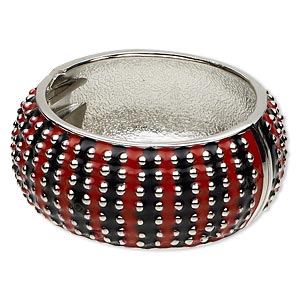 Bracelet, hinged bangle, epoxy and rhodium-finished &quot;pewter&quot; (zinc-based alloy), black and red, 32mm wide with raised dot design, 60mm inside diameter. Sold individually.