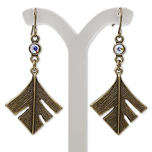 Earring, glass rhinestone with antique brass-finished brass and &quot;pewter&quot; (zinc-based alloy), clear AB, 2 inches with diamond feather and fishhook ear wire. Sold per pair.