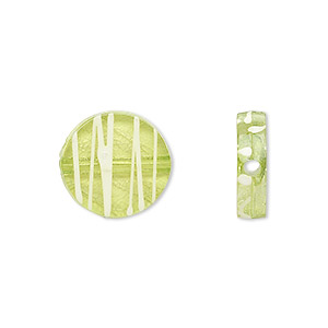 Bead, acrylic, semitransparent green and white, 15mm flat round with painted line design. Sold per pkg of 140.