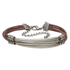 Bracelet, waxed cotton cord with antique silver-finished brass and steel, brown, 13mm wide with tube, 7 inches with 2-3/4 inch extender chain and lobster claw clasp. Sold individually.