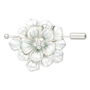 Brooch / pendant, glass rhinestone / enamel / silver-finished &quot;pewter&quot; (zinc-based alloy), silver / teal / clear AB, 36x33.5mm flower. Sold individually.
