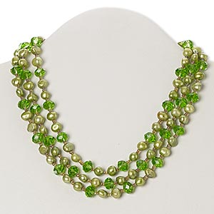 Necklace, 3-strand, cultured freshwater pearl (dyed) / glass / silver-plated brass, green and honey AB, rondelle, 17 inches with lobster claw clasp. Sold individually.