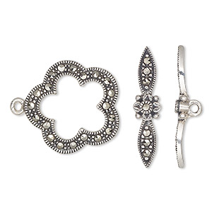 Clasp, toggle, marcasite (natural) and antiqued sterling silver, 20x19mm single-sided fancy flower. Sold individually.