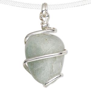 Pendant, green aventurine (natural) and silver-plated copper, medium to large hand-cut wire-wrapped tumbled nugget. Sold individually.
