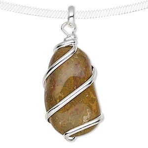 Pendant, camel jasper (natural) and silver-plated copper, medium to large hand-cut wire-wrapped tumbled nugget. Sold individually.