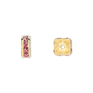 Bead, glass rhinestone and gold-finished brass, rose, 8x4mm squaredelle. Sold per pkg of 10.