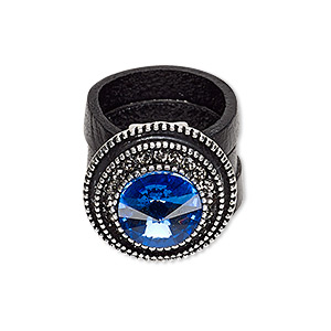 Ring, 3-strand, leather / glass / glass rhinestone / antiqued silver-finished &quot;pewter&quot; (zinc-based alloy), black / blue / clear, 23mm round, size 8. Sold individually.