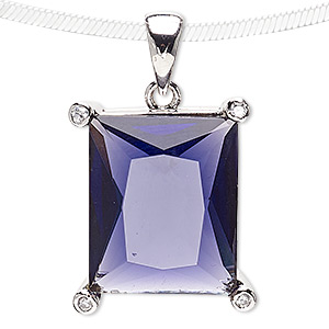 Pendant, glass / glass rhinestone / rhodium-plated brass, purple and clear, 25x20mm rectangle. Sold individually.
