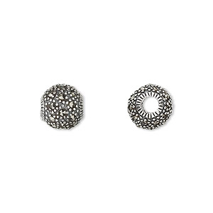 Bead, sterling silver and marcasite, 9mm round beads with 3mm hole. Sold individually.