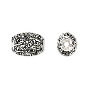Bead, sterling silver and marcasite, 16x12mm oval. Sold individually.