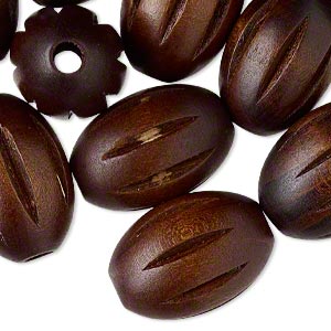 Bead, wood (dyed), dark brown, 30x21mm hand-cut fluted oval. Sold per pkg of 25.