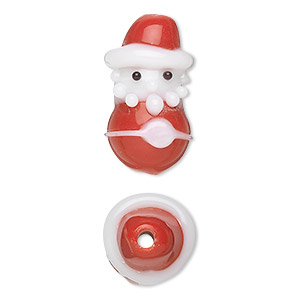 Bead, lampworked glass, opaque white and red, 23x14mm 3D Santa Claus. Sold per pkg of 2.