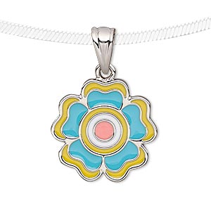 Pendant, enamel and silver-finished pewter (tin-based alloy), multicolored, 22x22mm flower. Sold individually.