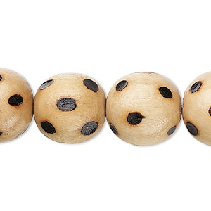 Bead, wood (coated), burnt, 14-16mm round with spots. Sold per 15-1/2&quot; to 16&quot; strand.