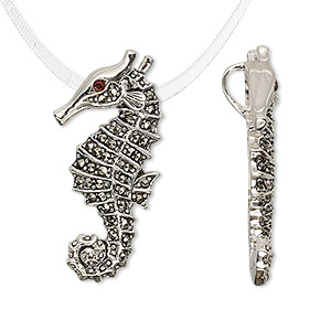Pendant, marcasite / garnet (natural / dyed) / sterling silver, 31x16mm seahorse. Sold individually.