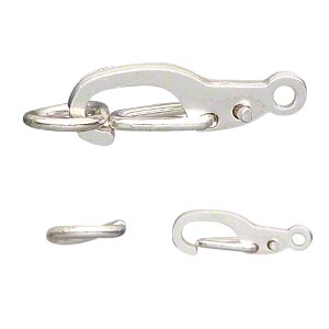 Clasp, self-closing hook, silver-finished brass, 11x5mm with 5mm jump ring. Sold per pkg of 12.
