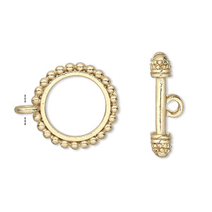 Clasp, toggle, gold-finished &quot;pewter&quot; (zinc-based alloy), 18mm double-sided beaded round. Sold per pkg of 8.