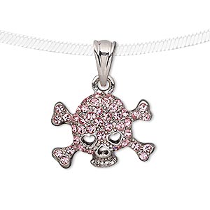 Pendant, Czech glass rhinestone and silver-plated pewter (tin-based alloy), pink, 22x16mm skull with crossbones. Sold individually.