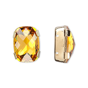 Spacer bar, crystal and gold-plated brass, Crystal Passions&reg;, topaz, silver-foil back, 18x13mm double-drilled single-stone faceted rounded rectangle, 8mm between holes. Sold individually.