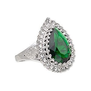 Ring, Austrian crystal / glass / silver-plated brass, emerald green and clear, 27x21mm teardrop, size 10. Sold individually.