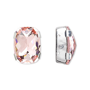 Spacer, crystal and silver-plated brass, Crystal Passions&reg;, light rose, 18x13mm 2-strand rectangle (11504), fits up to 8mm bead. Sold individually.