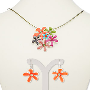 Necklace and earring set, 3-strand, enamel / glass rhinestone / silver-plated steel / &quot;pewter&quot; (zinc-based alloy), multicolored, flowers, 18-inch necklace with 2-inch extender chain and lobster claw clasp, 28mm earrings with leverback ear wire. Sold per set.