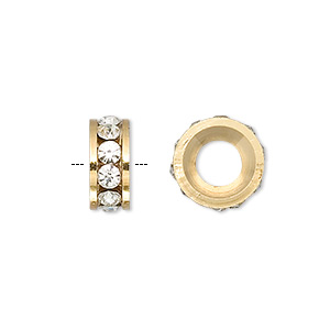 Bead, Dione&reg;, Czech crystal and gold-finished brass, crystal clear, 12x5mm rondelle with 6mm hole. Sold per pkg of 2.