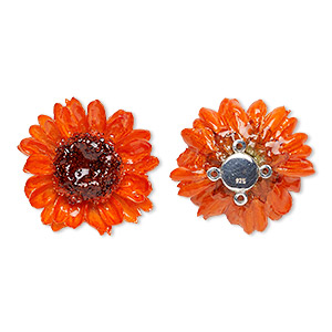 Focal, daisy / polyresin / sterling silver, orange, 30-35mm. Sold individually.