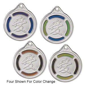 Drop, acrylic and imitation rhodium-plated &quot;pewter&quot; (zinc-based alloy), multicolored, 22mm color-changing single-sided flat round with the Chinese character for love. Sold per pkg of 2.