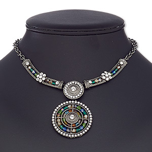 Necklace, glass rhinestone / glass / gunmetal-coated plastic / gunmetal-plated steel / &quot;pewter&quot; (zinc-based alloy), multicolored, 44mm round, 16 inches with 2-inch extender chain and lobster claw clasp. Sold individually.