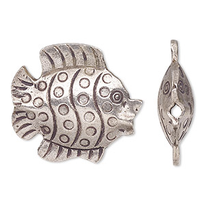 Focal, Hill Tribes, antiqued fine silver, 28x26mm double-sided fish. Sold individually.
