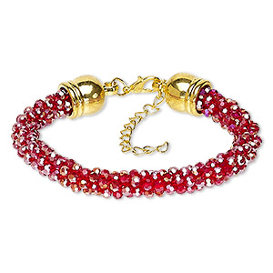 Bracelet, glass / gold-coated plastic / gold-finished steel / &quot;pewter&quot; (zinc-based alloy), red AB, 7.5mm wide, 7 inches with 2-inch extender chain and lobster claw clasp. Sold individually.