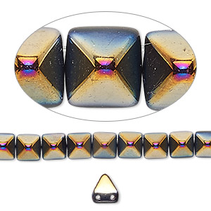 Spacer, Preciosa, Czech pressed glass, opaque black magenta gold, 6x6x7mm 2-strand pyramid, fits up to 3mm bead. Sold per 8-inch strand, approximately 30 spacers.