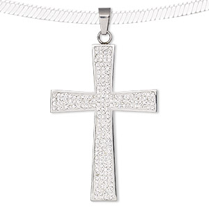 Pendant, epoxy / glass rhinestone / stainless steel, clear and white, 69x43mm single-sided cross. Sold individually.
