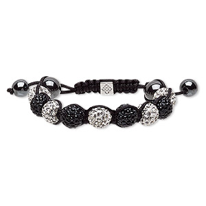 Bracelet, Hemalyke&#153; (man-made) / glass rhinestone / nylon / polymer clay / silver-plated &quot;pewter&quot; (zinc-based alloy), black / white / clear, 12mm round, adjustable from 5-1/2 to 8 inches with macram&#233; knot closure. Sold individually.