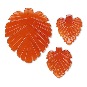 Bead, red agate (dyed), (1) 29x25mm and (2) 15.5x13.5mm top-drilled double-sided carved leaf, B grade, Mohs hardness 6-1/2 to 7. Sold per 3-piece set.