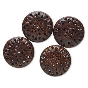Bead, wood (natural), 33mm carved puffed flat round with holes and stars. Sold per pkg of 4.