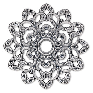 Focal, antique silver-plated steel, 47mm single-sided fancy flower with 6mm center hole. Sold per pkg of 6.
