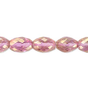 Bead, quartz crystal (coated), pink AB, 11x8mm hand-cut faceted oval, B grade, Mohs hardness 7. Sold per pkg of 10.