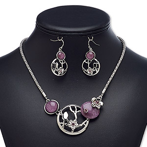 Necklace and earring set, acrylic / glass rhinestone / imitation rhodium-plated steel / brass / &quot;pewter&quot; (zinc-based alloy), amethyst purple, round and flower, 18-inch necklace with 2-inch extender chain and lobster claw clasp, 39mm earrings with fishhook ear wire. Sold per set.