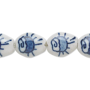 Bead, porcelain, opaque white and blue, 15x12mm puffed oval with cloud and sun. Sold per 8-inch strand, approximately 14 beads.