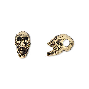 Bead, antique gold-plated pewter (tin-based alloy), 14x10mm skull. Sold per pkg of 2.