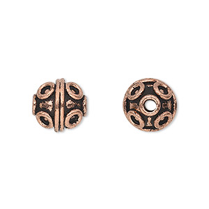 Bead, antique copper-plated copper, 10mm round with circle and line pattern. Sold per pkg of 8.