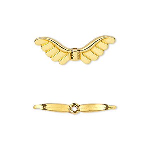Bead, gold-finished &quot;pewter&quot; (zinc-based alloy), 24x8mm double-sided angel wings. Sold per pkg of 20.