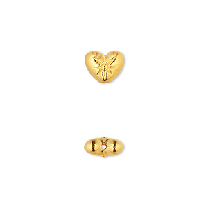 Bead, gold-finished &quot;pewter&quot; (zinc-based alloy), 8x6mm double-sided heart with flower design. Sold per pkg of 50.