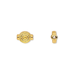 Bead, gold-finished &quot;pewter&quot; (zinc-based alloy), 9x7mm double-sided flat round with target design. Sold per pkg of 50.